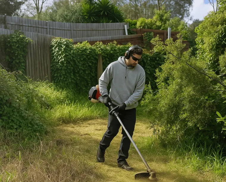 Professional NDIS gardener in casual clothing using line trimmer for garden maintenance in Melbourne suburban backyard setting